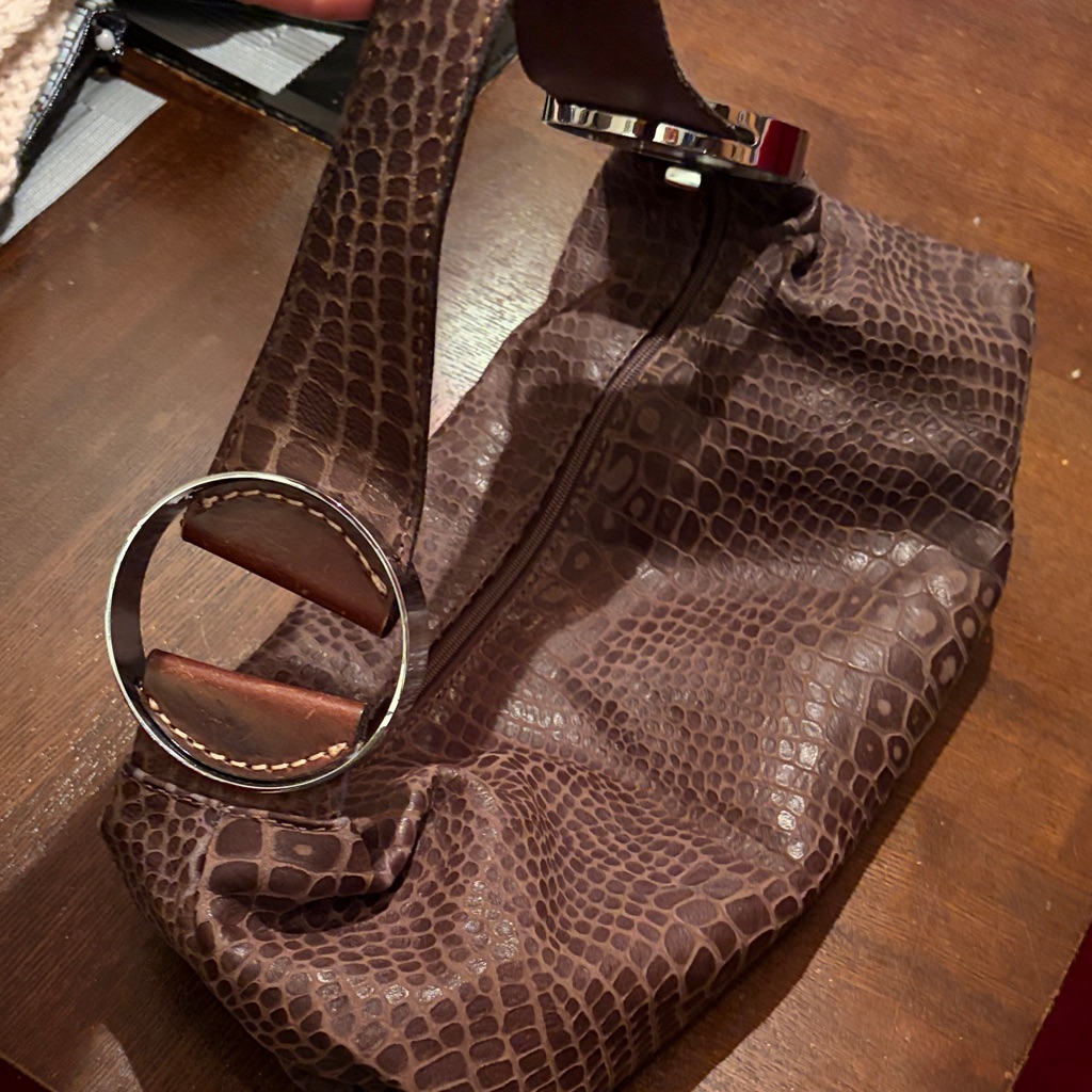 Prune Brown Crocodile Pattern Leather Handbag Prune Brown Crocodile Pattern Leather Handbag